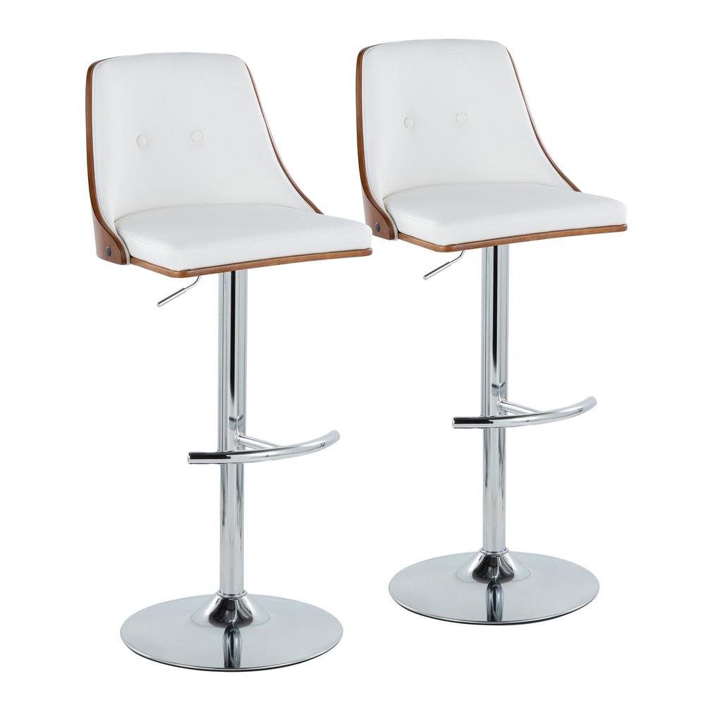 Chrome Metal, Walnut Wood, White PU Gianna Adjustable Barstool - Set of 2