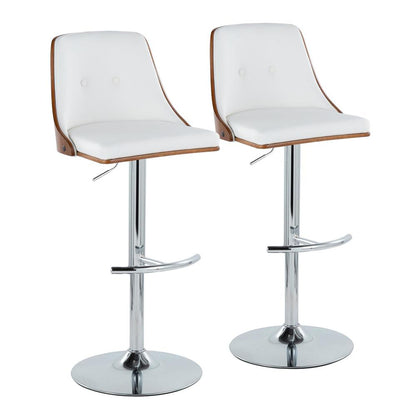 Chrome Metal, Walnut Wood, White PU Gianna Adjustable Barstool - Set of 2