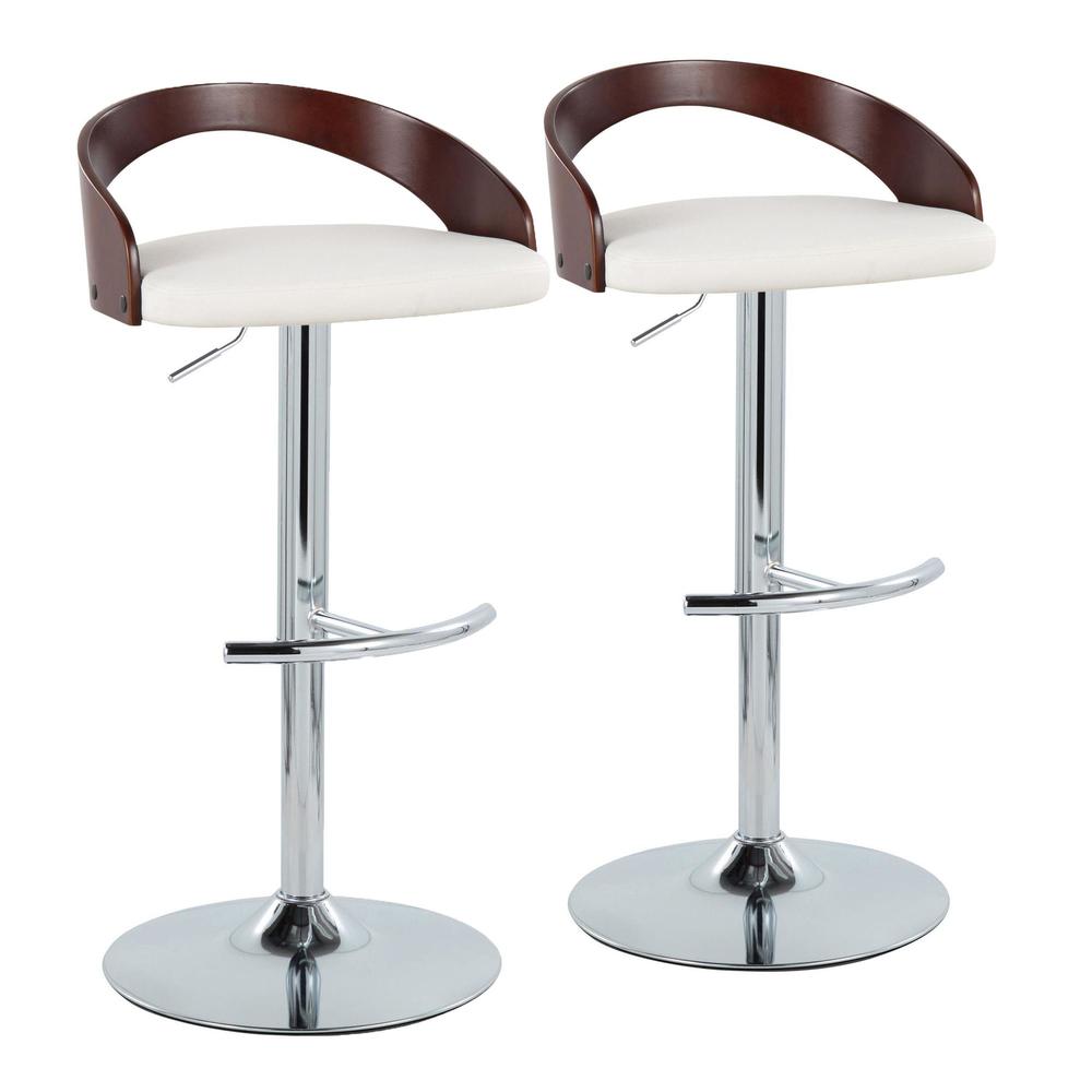Chrome Metal, Cherry Wood, White PU Grotto Adjustable Barstool - Set of 2