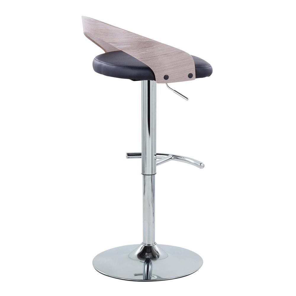 Chrome Metal, Light Grey Wood, Black PU Grotto Adjustable Barstool - Set of 2