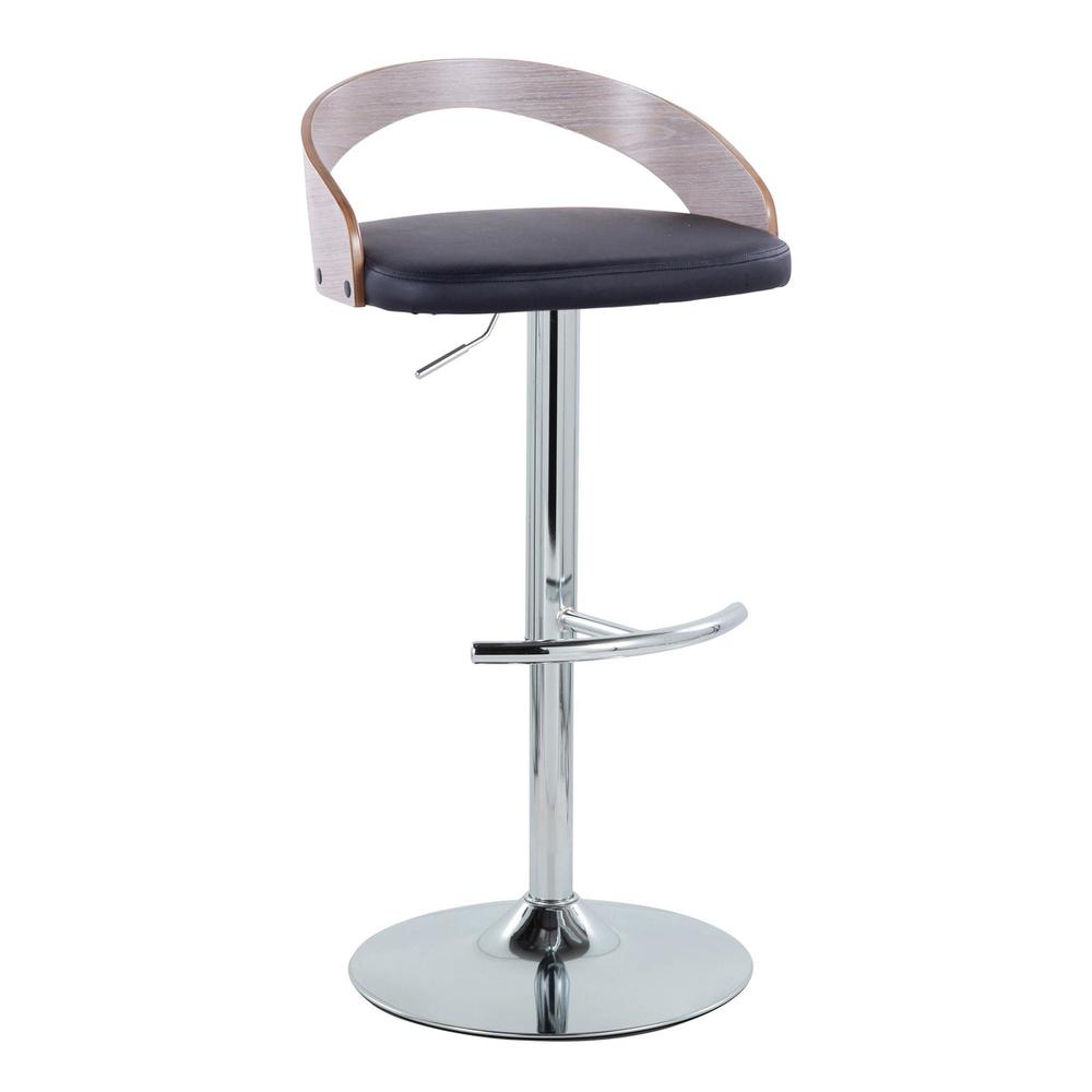 Chrome Metal, Light Grey Wood, Black PU Grotto Adjustable Barstool - Set of 2