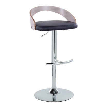 Chrome Metal, Light Grey Wood, Black PU Grotto Adjustable Barstool - Set of 2