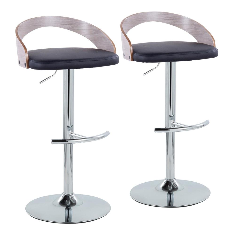 Chrome Metal, Light Grey Wood, Black PU Grotto Adjustable Barstool - Set of 2