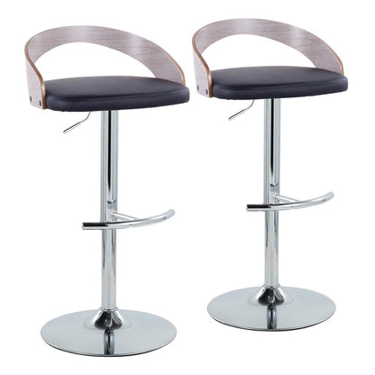 Chrome Metal, Light Grey Wood, Black PU Grotto Adjustable Barstool - Set of 2