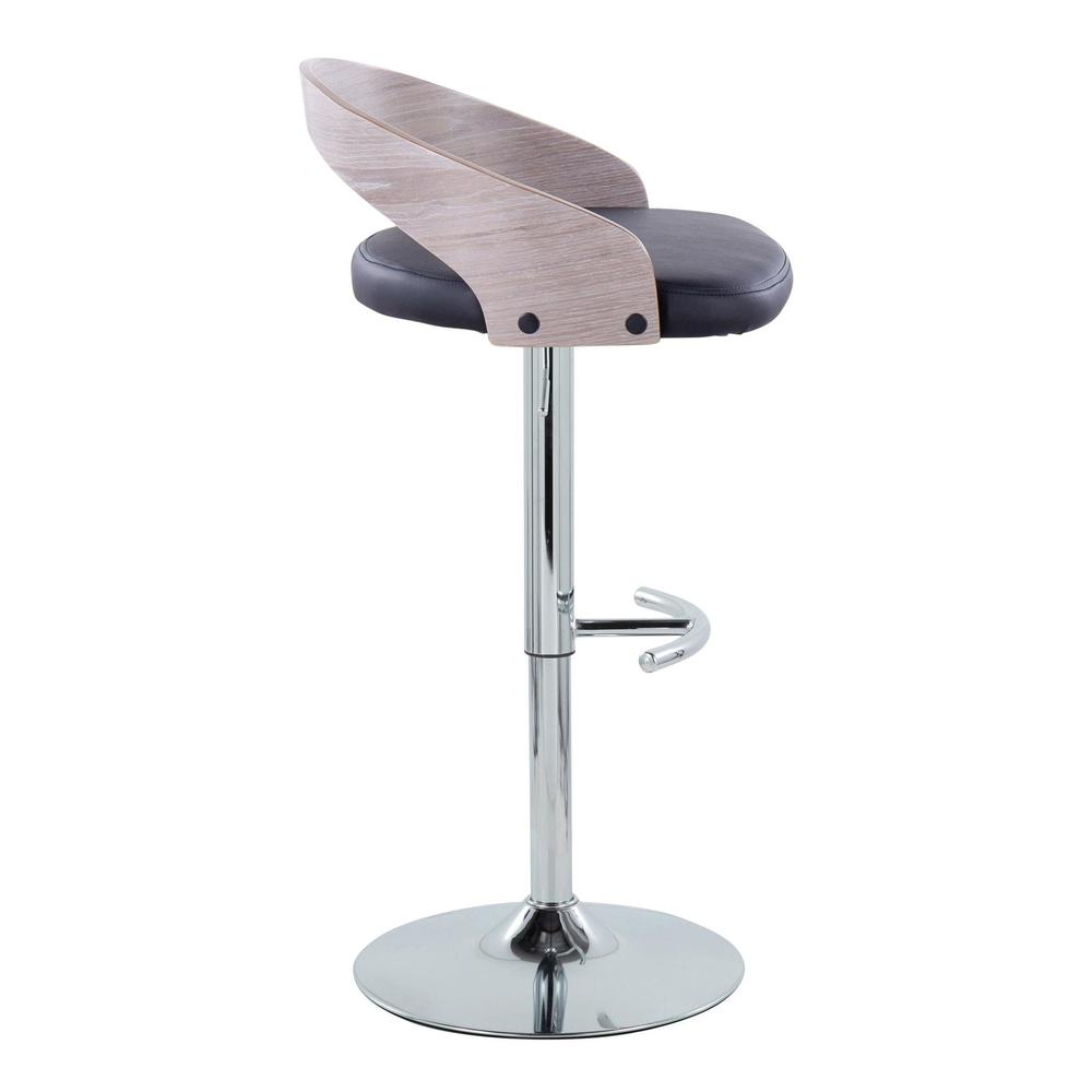 Chrome Metal, Light Grey Wood, Black PU Grotto Adjustable Barstool - Set of 2
