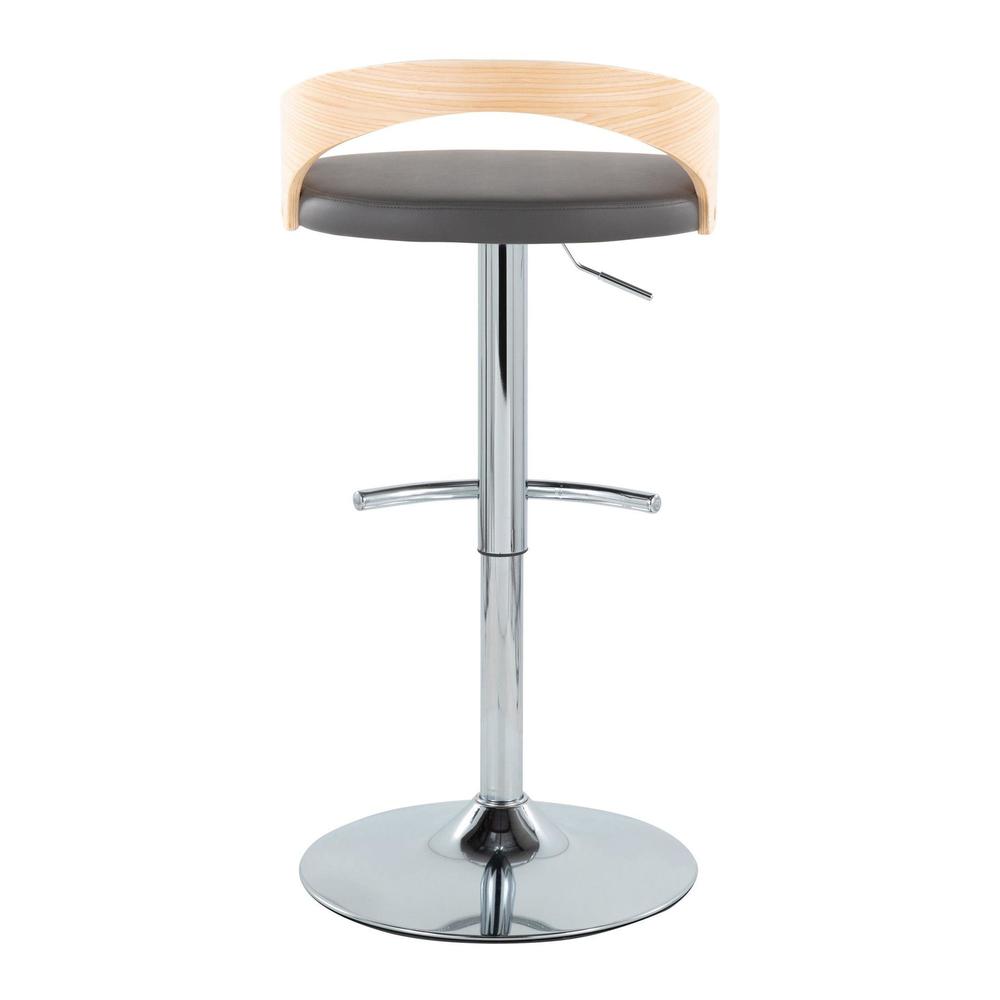 Chrome Metal, Natural Wood, Grey PU Grotto Adjustable Barstool - Set of 2