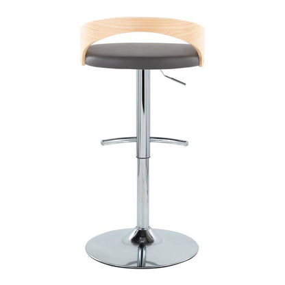 Chrome Metal, Natural Wood, Grey PU Grotto Adjustable Barstool - Set of 2