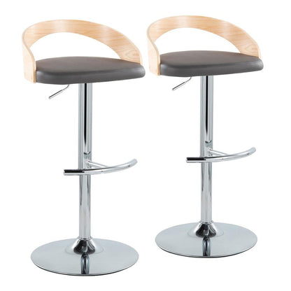 Chrome Metal, Natural Wood, Grey PU Grotto Adjustable Barstool - Set of 2