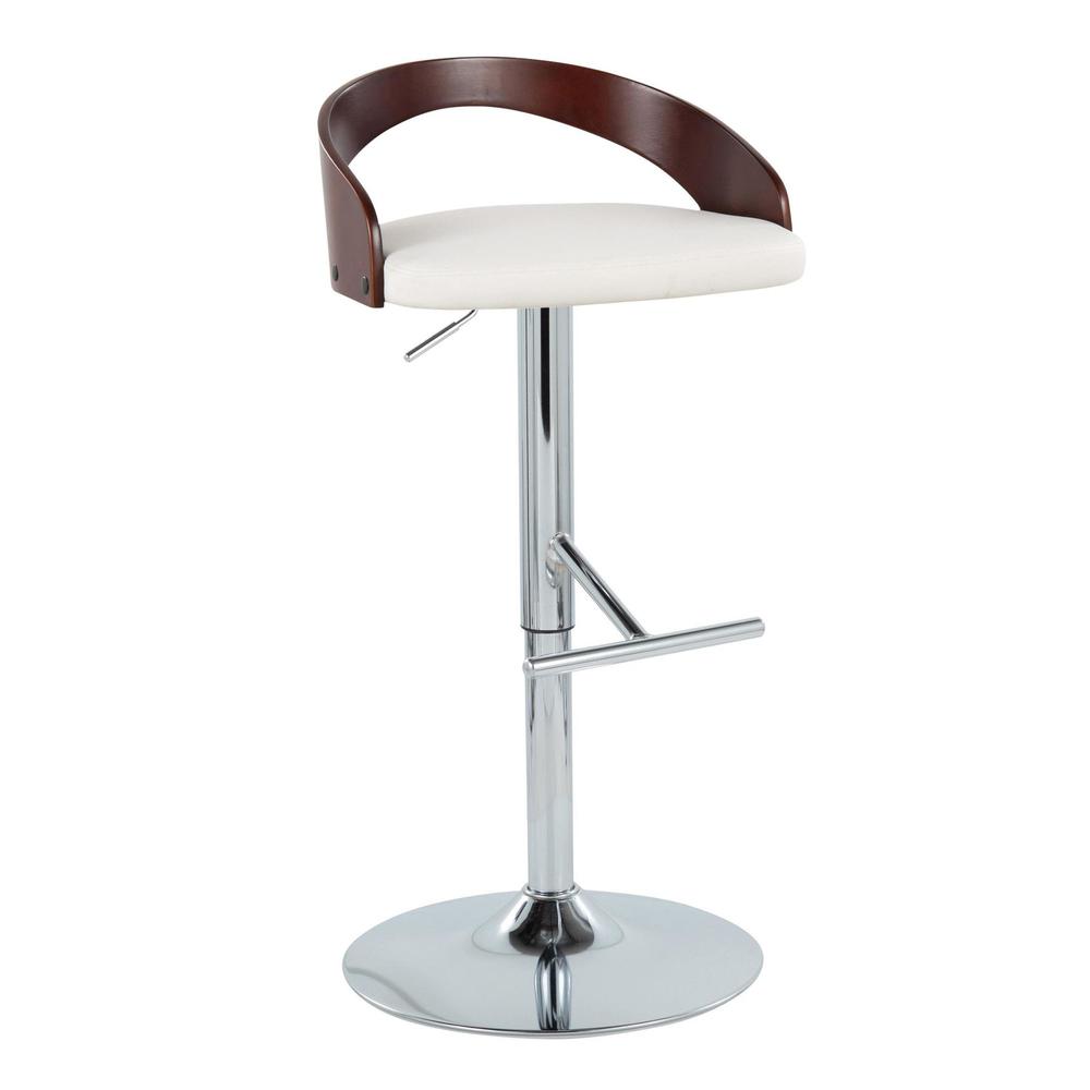 Chrome Metal, Cherry Wood, White PU Grotto Adjustable Barstool - Set of 2