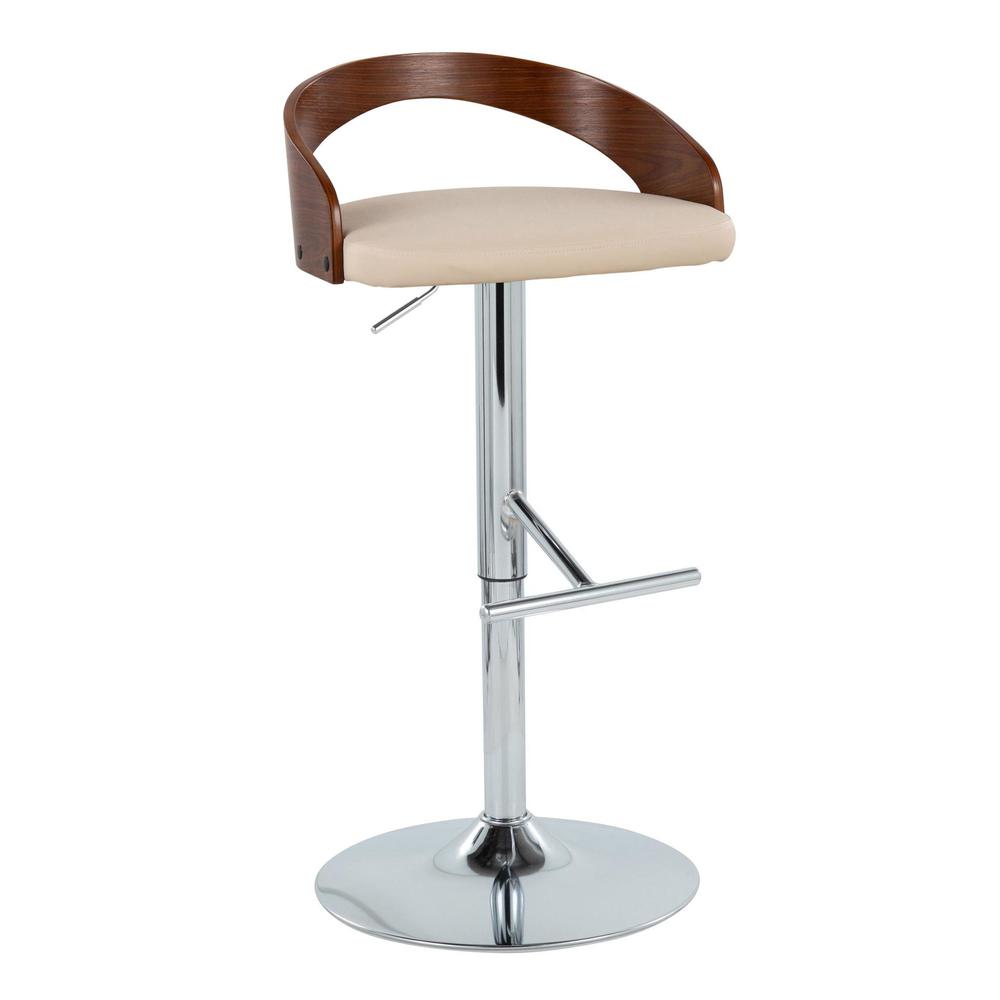 Chrome Metal, Walnut Wood, Cream PU Grotto Adjustable Barstool - Set of 2