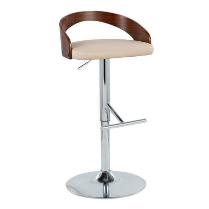 Chrome Metal, Walnut Wood, Cream PU Grotto Adjustable Barstool - Set of 2