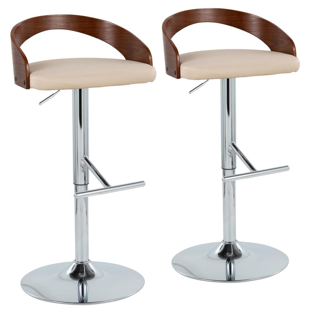 Chrome Metal, Walnut Wood, Cream PU Grotto Adjustable Barstool - Set of 2