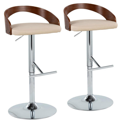 Chrome Metal, Walnut Wood, Cream PU Grotto Adjustable Barstool - Set of 2