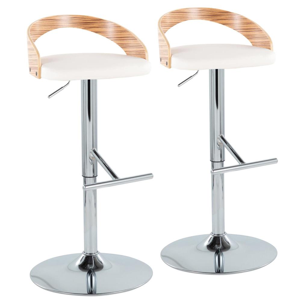 Chrome Metal, Zebra Wood, White PU Grotto Adjustable Barstool - Set of 2