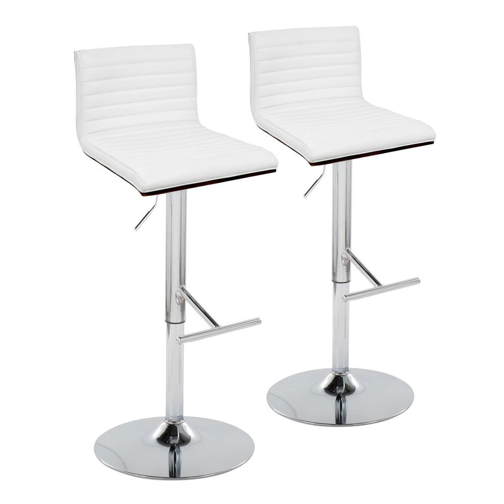Chrome Metal, Walnut Wood, White PU Mason Adjustable Barstool - Set of 2