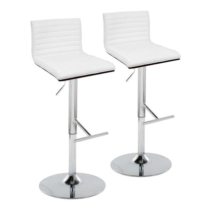 Chrome Metal, Walnut Wood, White PU Mason Adjustable Barstool - Set of 2