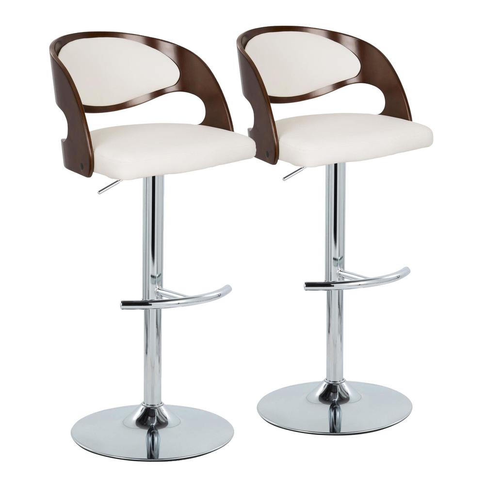 Chrome Metal, Cherry Wood, White PU Pino Adjustable Barstool - Set of 2