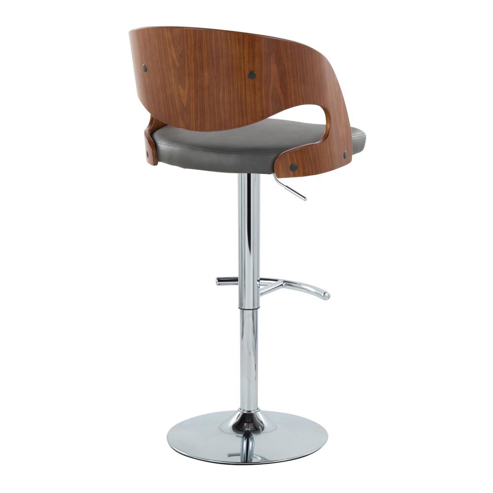 Chrome Metal, Walnut Wood, Grey PU Pino Adjustable Barstool - Set of 2