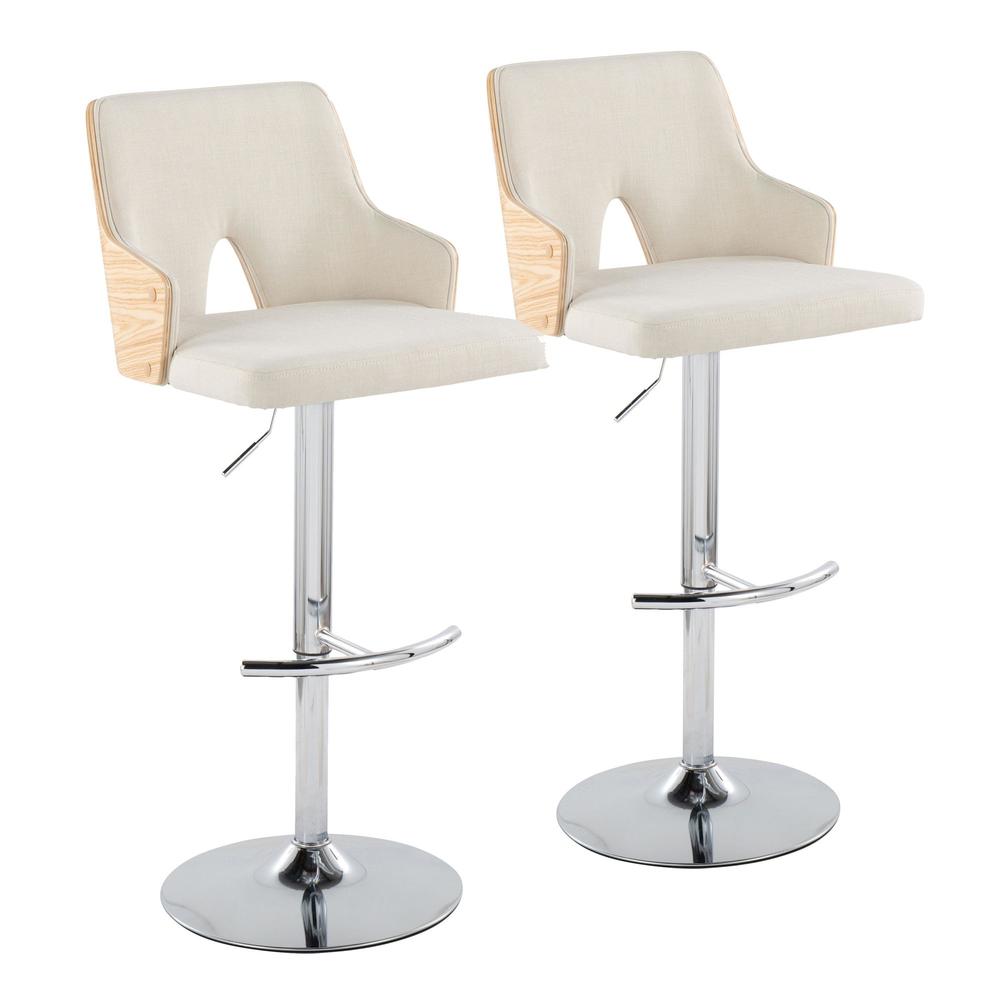 Chrome Metal, Natural Wood, Cream Fabric Stella Adjustable Barstool - Set of 2