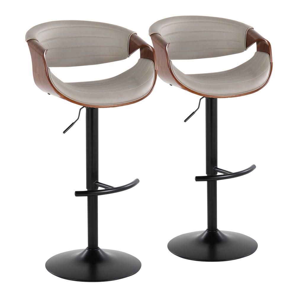 Black Metal, Walnut Wood, Grey PU Symphony Adjustable Barstool - Set of 2