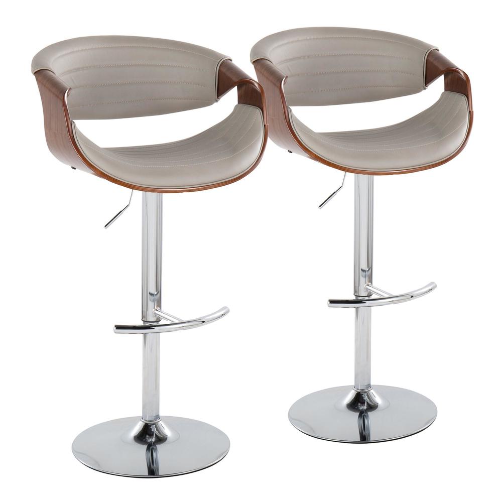 Chrome Metal, Walnut Wood, Grey PU Symphony Adjustable Barstool - Set of 2
