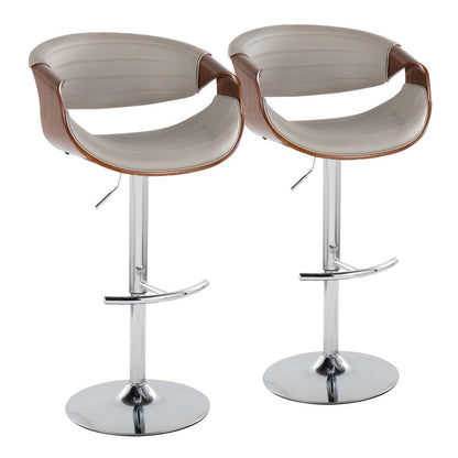 Chrome Metal, Walnut Wood, Grey PU Symphony Adjustable Barstool - Set of 2
