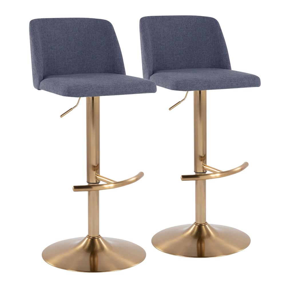 Blue Fabric, Gold Metal Toriano Adjustable Barstool - Set of 2