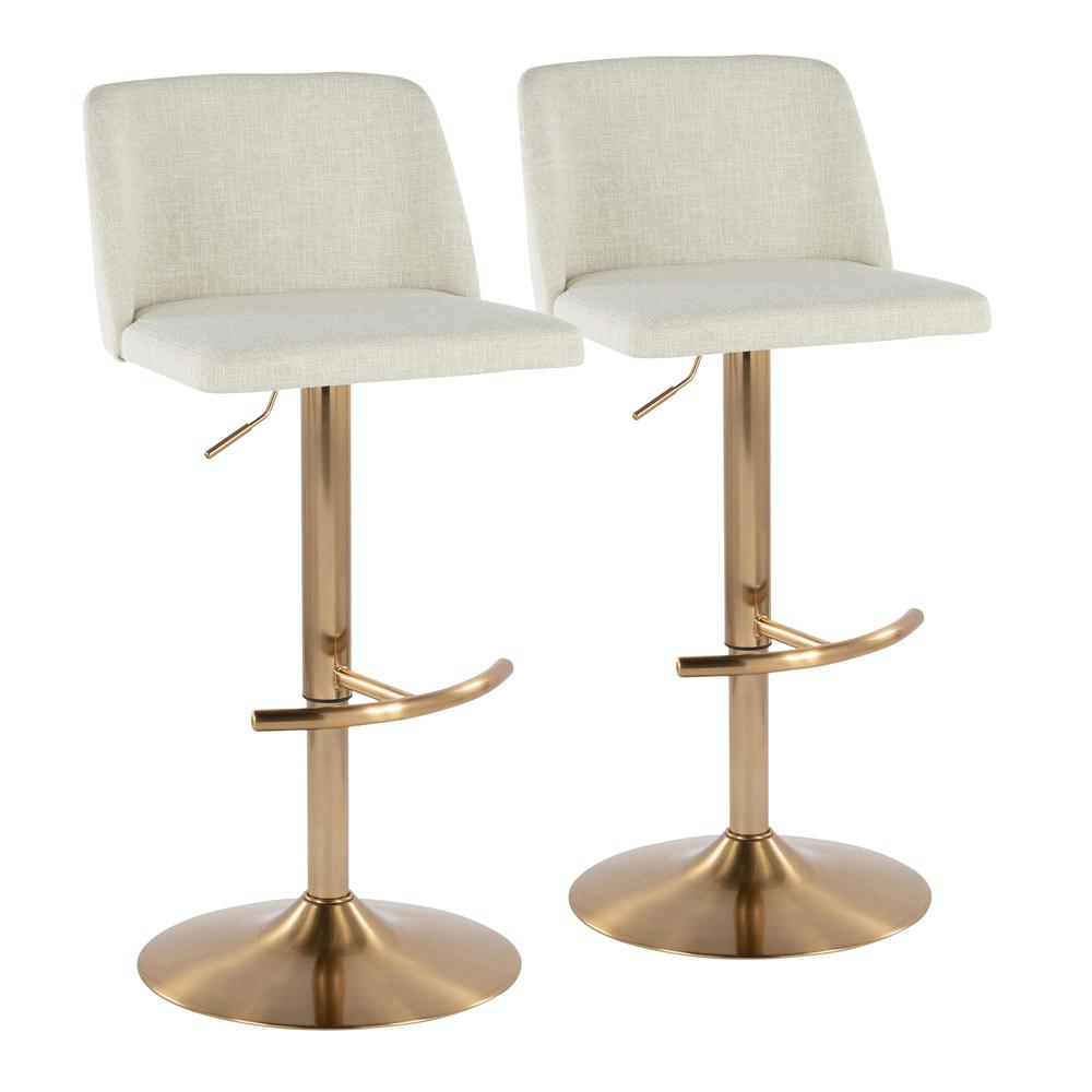 Cream Fabric, Gold Metal Toriano Adjustable Barstool - Set of 2