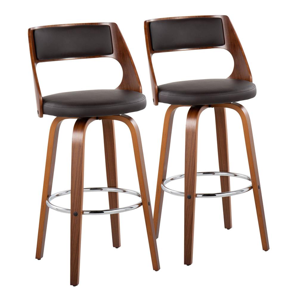 Walnut Wood, Brown PU, Chrome Cecina Barstool - Set of 2