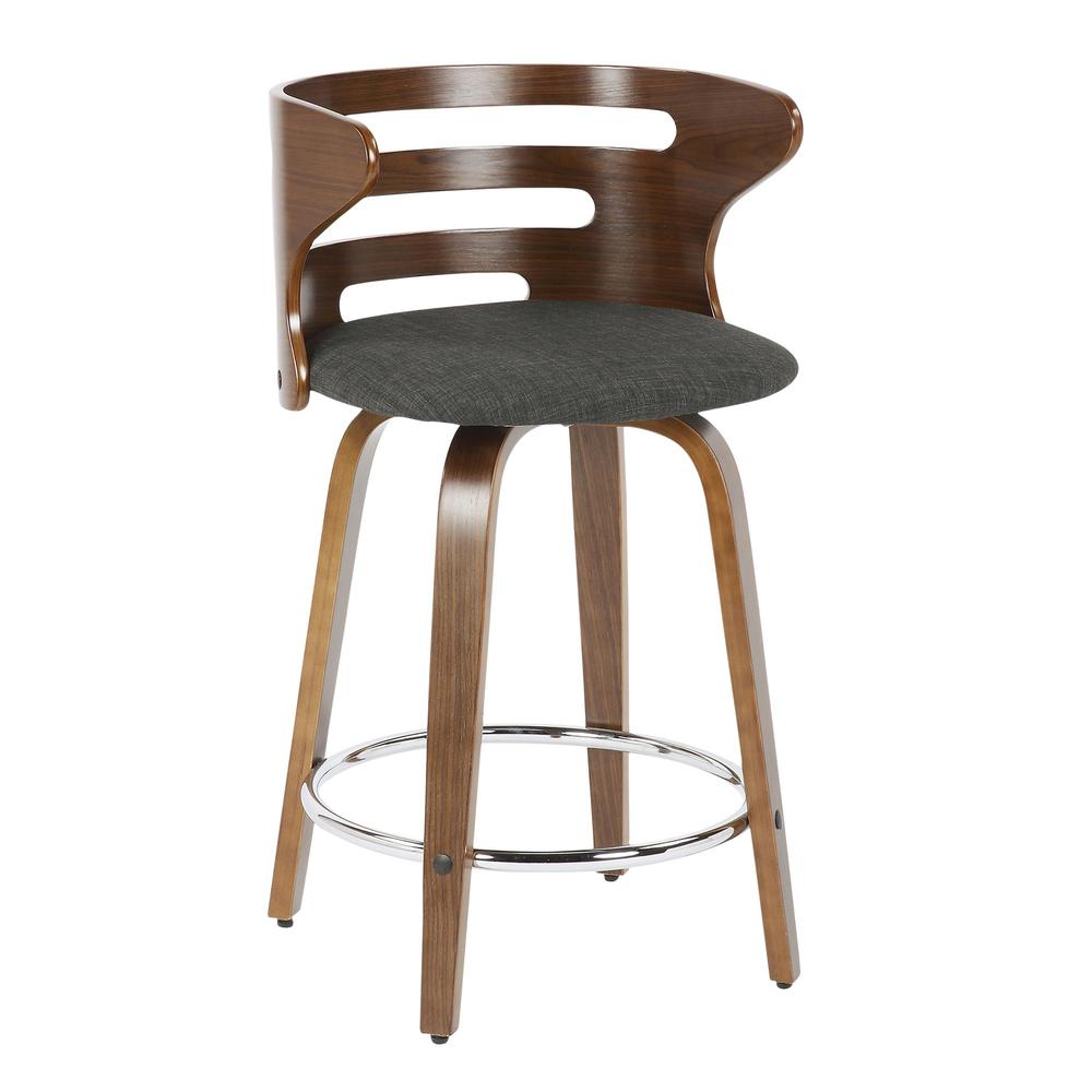 Walnut Wood, Charcoal Fabric, Chrome Cosini Counter Stool - Set of 2