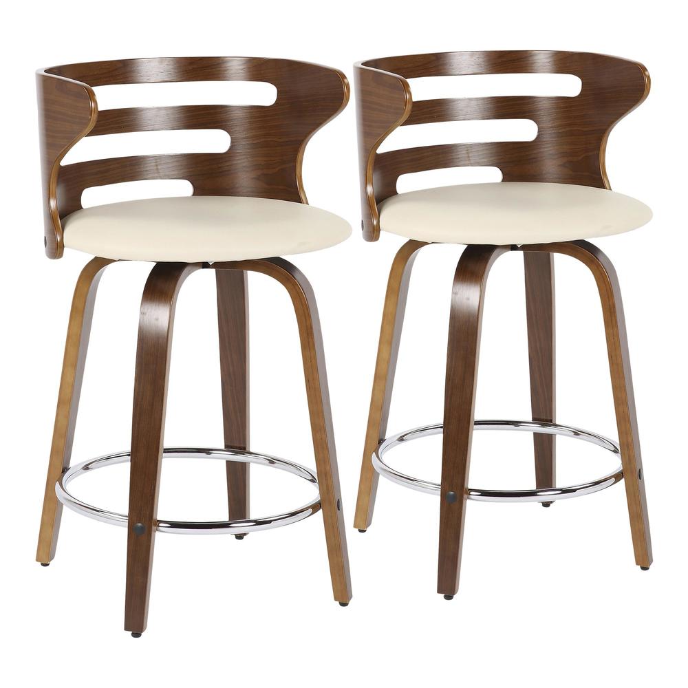 Walnut Wood, Cream PU, Chrome Cosini Counter Stool - Set of 2