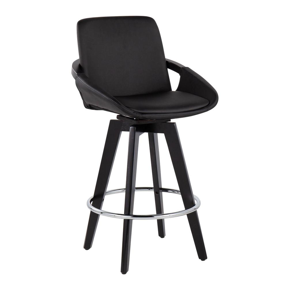 Black Wood, Chrome, Black PU Cosmo Swivel Fixed-Height Counter Stool - Set of 2