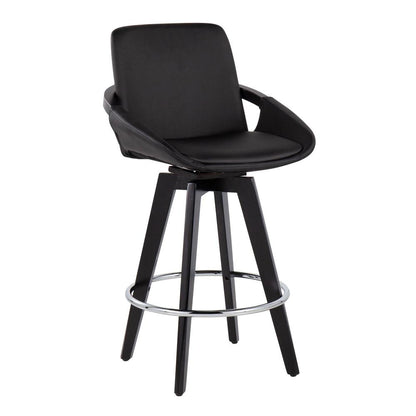 Black Wood, Chrome, Black PU Cosmo Swivel Fixed-Height Counter Stool - Set of 2