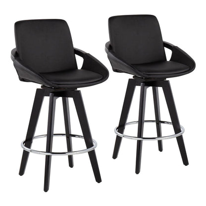Black Wood, Chrome, Black PU Cosmo Swivel Fixed-Height Counter Stool - Set of 2