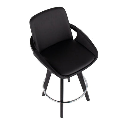 Black Wood, Chrome, Black PU Cosmo Swivel Fixed-Height Counter Stool - Set of 2