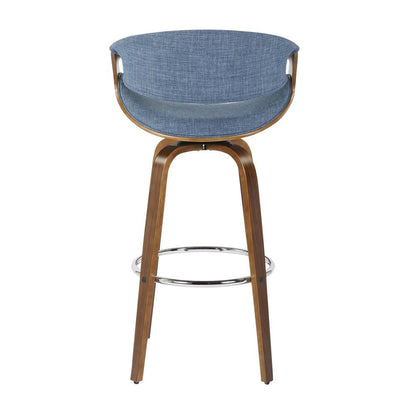 Walnut Wood, Blue Fabric, Chrome Curvini 30'' Barstool - Set of 2