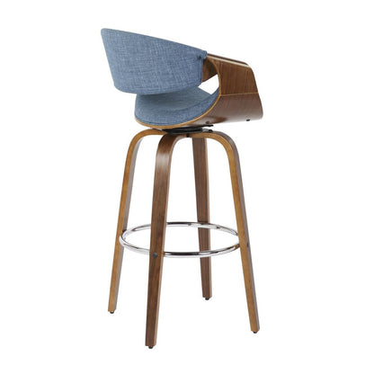 Walnut Wood, Blue Fabric, Chrome Curvini 30'' Barstool - Set of 2