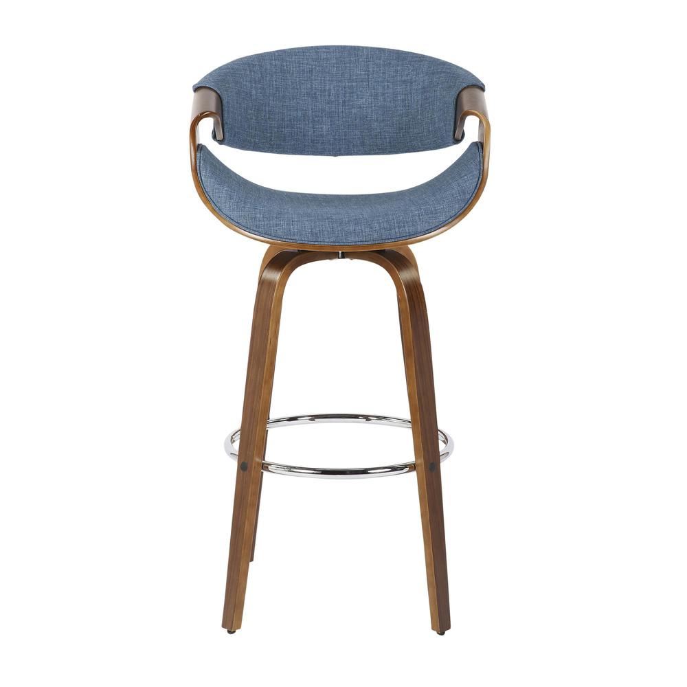 Walnut Wood, Blue Fabric, Chrome Curvini 30'' Barstool - Set of 2