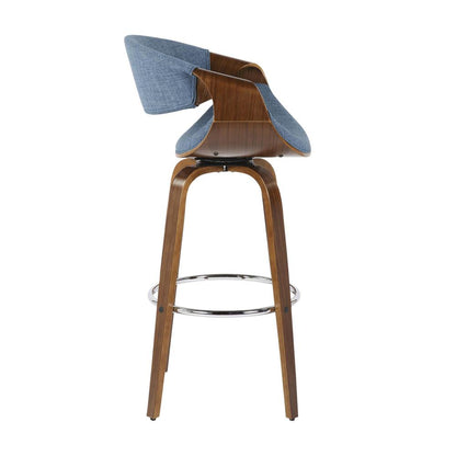 Walnut Wood, Blue Fabric, Chrome Curvini 30'' Barstool - Set of 2