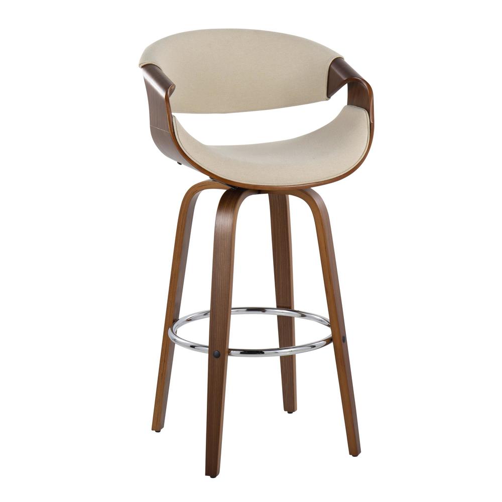 Walnut Wood, Cream Fabric, Chrome Curvini 30'' Fixed Height Barstool - Set of 2