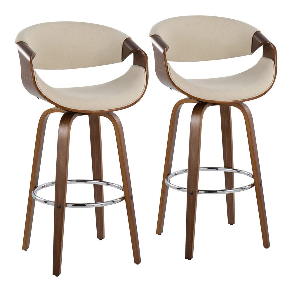Walnut Wood, Cream Fabric, Chrome Curvini 30'' Fixed Height Barstool - Set of 2