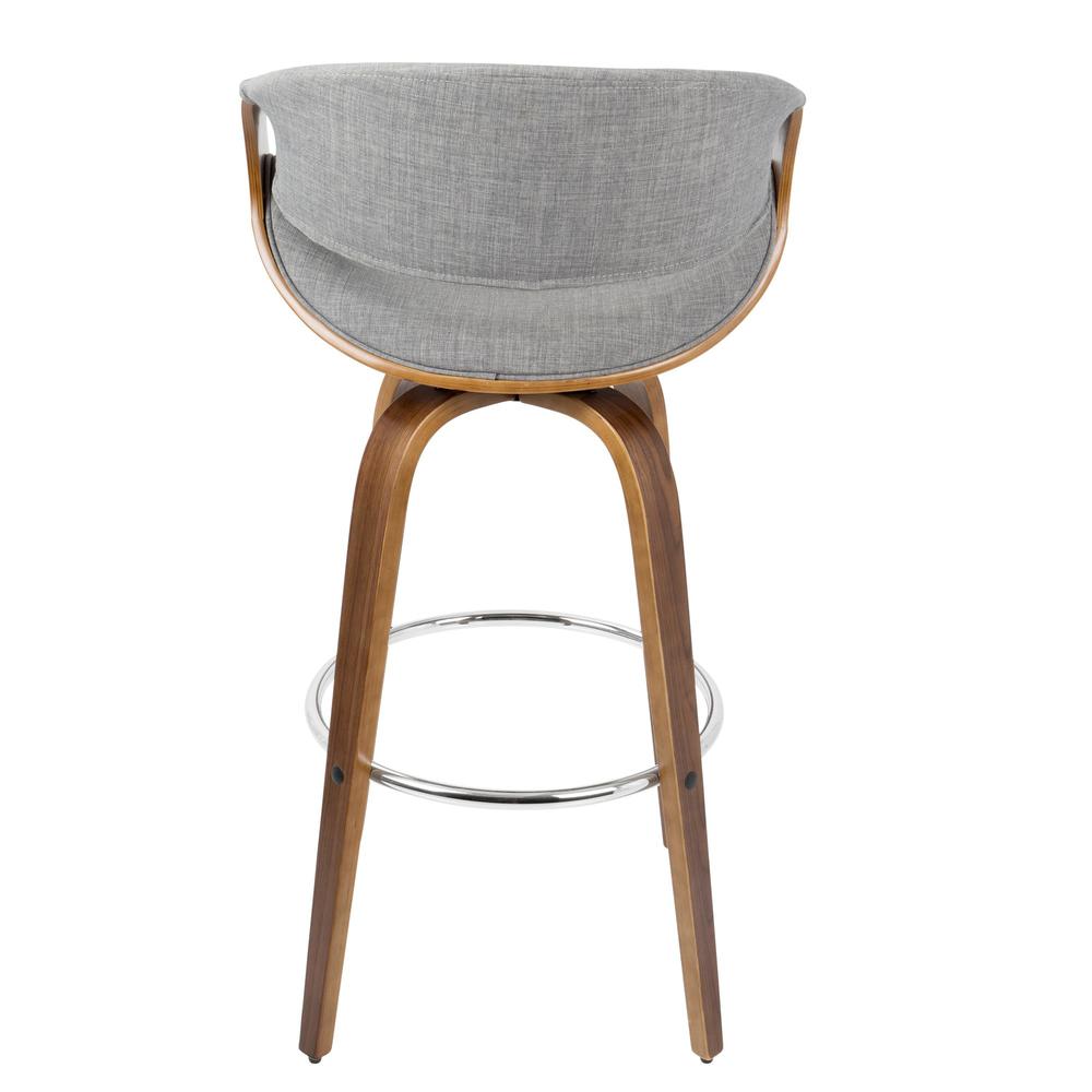 Walnut Wood, Grey Fabric, Chrome Curvini 30'' Fixed Height Barstool - Set of 2