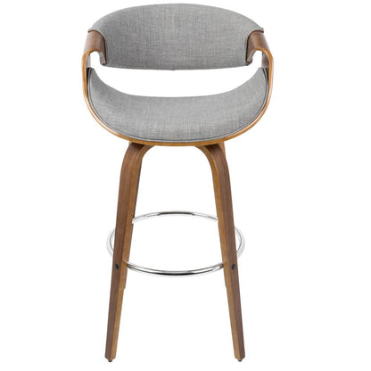 Walnut Wood, Grey Fabric, Chrome Curvini 30'' Fixed Height Barstool - Set of 2