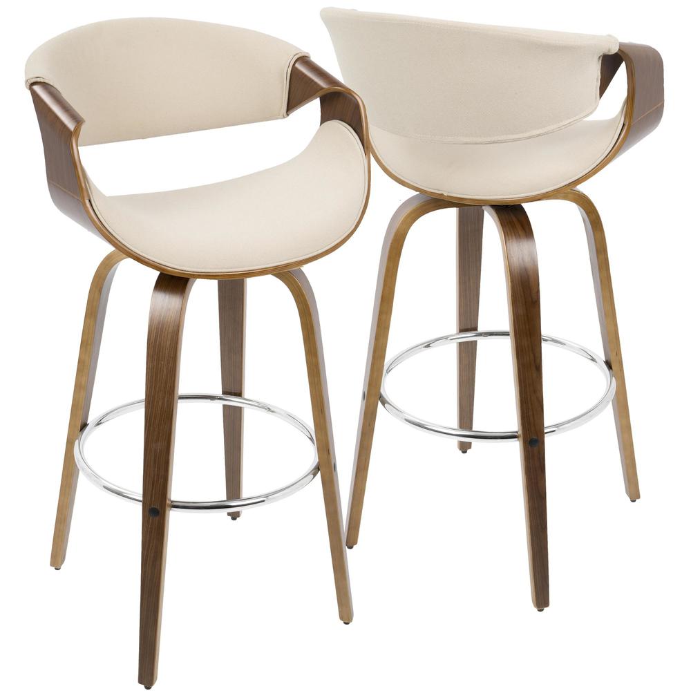 Walnut Wood, Cream Fabric, Chrome Curvini 30'' Fixed Height Barstool - Set of 2
