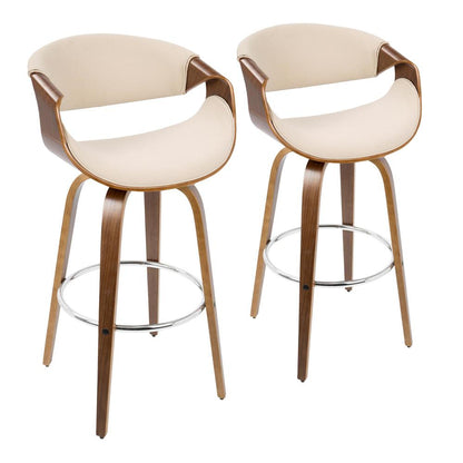 Walnut Wood, Cream Fabric, Chrome Curvini 30'' Fixed Height Barstool - Set of 2