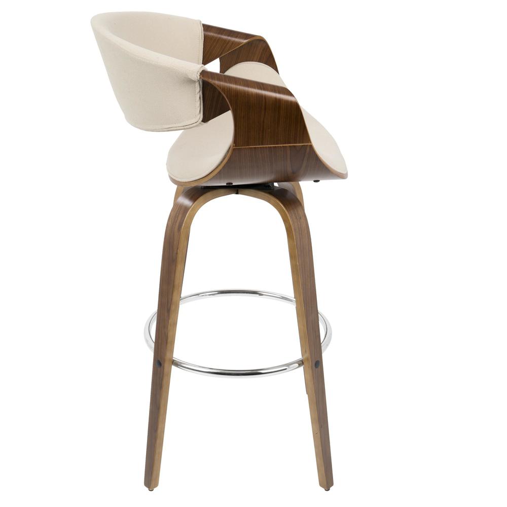 Walnut Wood, Cream Fabric, Chrome Curvini 30'' Fixed Height Barstool - Set of 2