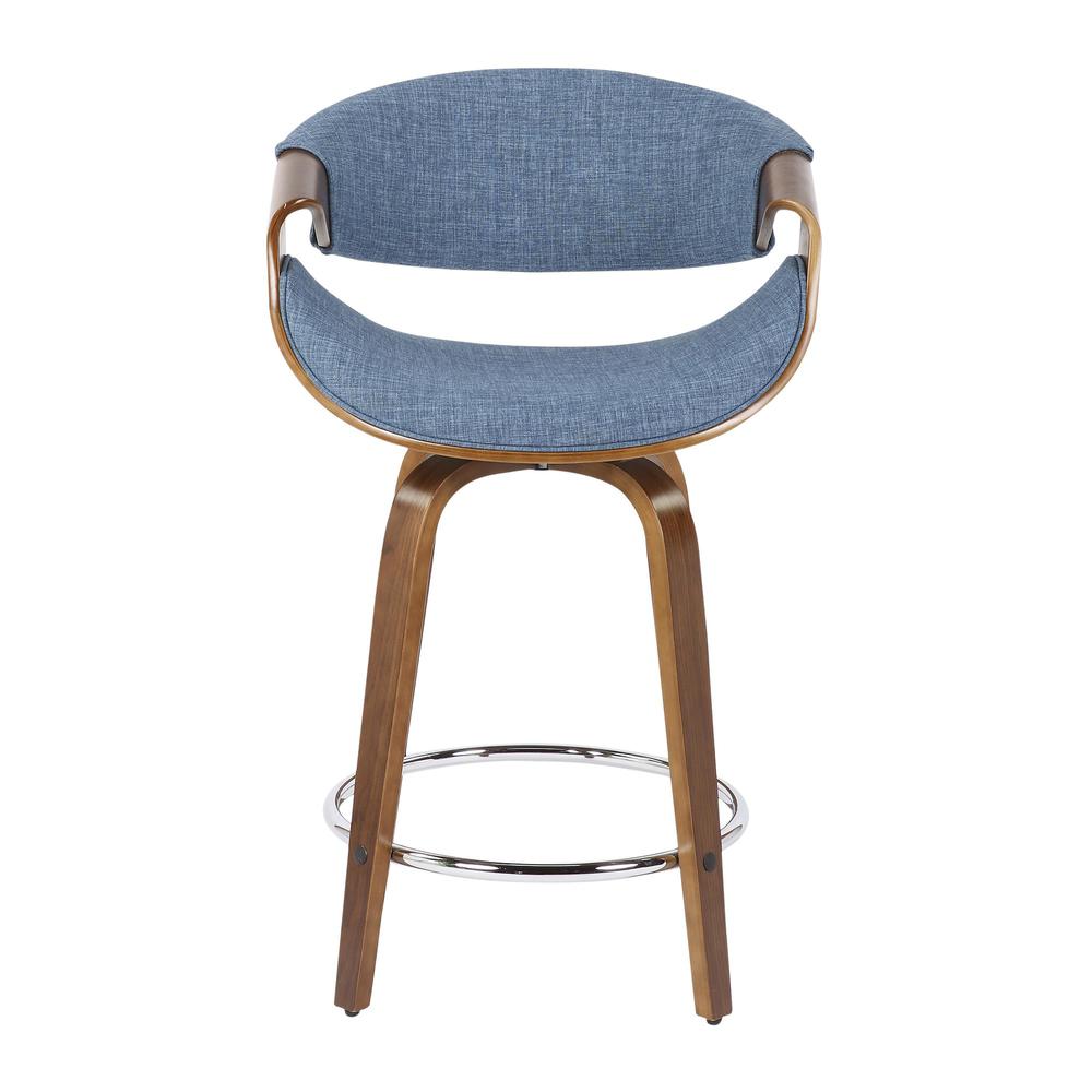 Walnut Wood, Blue Fabric, Chrome Curvini 24'' Counter Stool - Set of 2