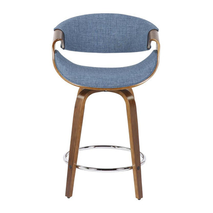 Walnut Wood, Blue Fabric, Chrome Curvini 24'' Counter Stool - Set of 2