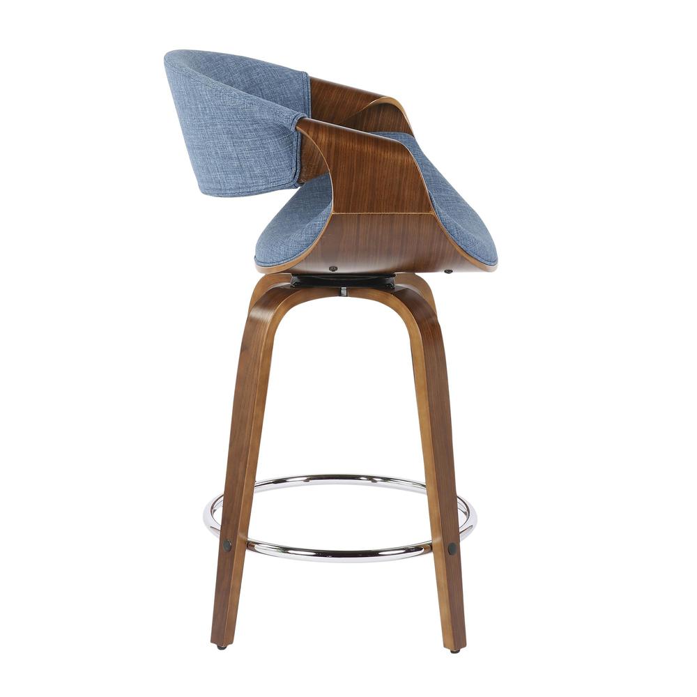 Walnut Wood, Blue Fabric, Chrome Curvini 24'' Counter Stool - Set of 2
