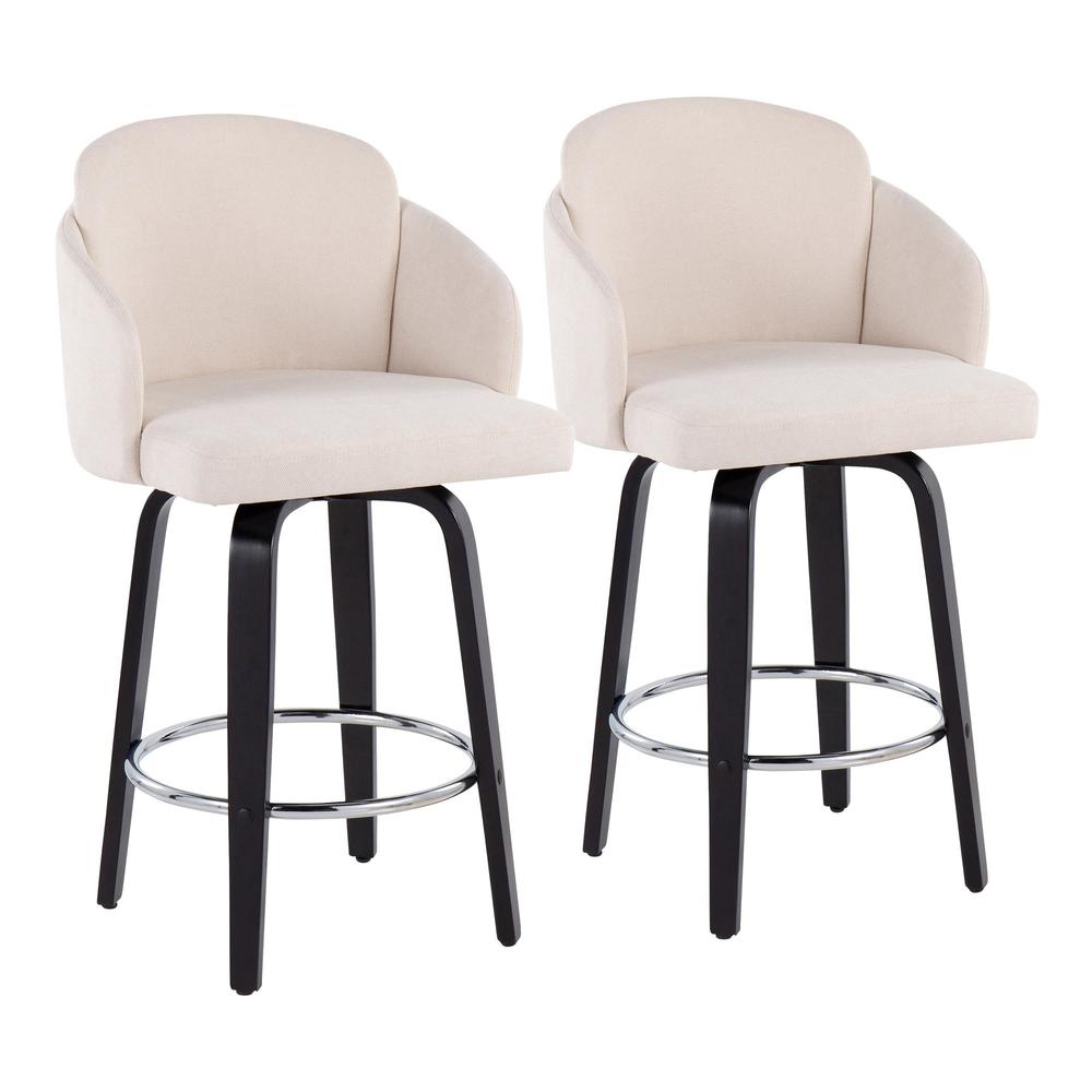 Black Wood, Cream Fabric, Chrome Dahlia Counter Stool - Set of 2